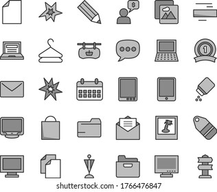 Thin line gray tint vector icon set - laptop vector, monitor, window, paper bag, clean sheet of, folder, minus, baby powder, envelope, received letter, picture, hanger, label, pencil, calendar, bang