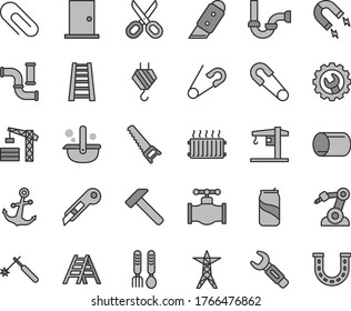 Thin line gray tint vector icon set - scissors vector, clip, safety pin, open, iron fork spoons, crane, tower, hook, hand saw, stepladder, ladder, sewerage, ntrance door, gear, knife, stationery