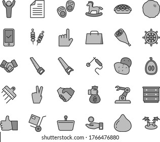 Thin line gray tint vector icon set - scribbled paper vector, chest of drawers, small rocking horse, shoes for little children, hand saw, arm, spatula, index finger, thumb up, shipment, apple pie