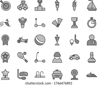 Thin line gray tint vector icon set - stopwatch vector, bath ball, motor vehicle present, Kick scooter, child, car, racer, retro, flame torch, winner, podium, cup, gold, pawn, star reward, pennant