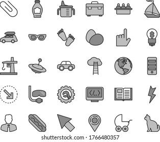 Thin line gray tint vector icon set - measuring cup for feeding vector, baby stroller, motor vehicle, children's tracks, yule, suitcase, star gear, lightning, employee, index finger, book, clip, pc