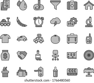 Thin line gray tint vector icon set - measuring cup for feeding vector, bottle, medical bag, motor vehicle present, toy mobile phone, wooden paint brush, door knob, alarm clock, case, storm cloud