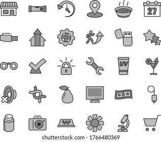 Thin line gray tint vector icon set - monitor vector, daily calendar, camera, silent mode, powder, construction level, plummet, porridge in a saucepan, cocktail, pear, gear, stall, geolocation, fan