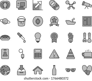Thin line gray tint vector icon set - warning vector, growth chart, children's bathroom, stacking toy, tumbler, plastic fork spoons, house, window, paint bucket, saving light bulb, plummet, coffee