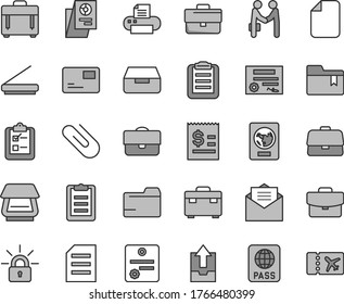 Thin line gray tint vector icon set - briefcase vector, folder, upload archive data, bookmark, suitcase, received letter, case, passport, pass card, drawer, survey, clip, portfolio, printer, scanner