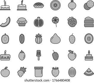 Thin line gray tint vector icon set - cake vector, piece of, torte, birthday, apple pie, lollipop, popsicle, jam, strawberries, biscuit, half pomegranate, grape, red, fig, medlar, tasty raspberry