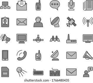 Thin line gray tint vector icon set - desktop microphone vector, monitor window, envelope, keyboard, horn, toy mobile phone, received letter, speech, screen, smartphone, call, artificial satellite