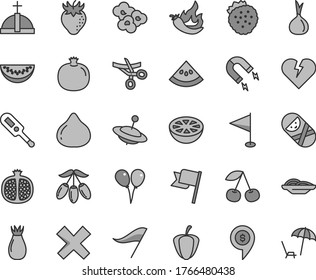 Juego de iconos vectoriales de tono gris de línea delgada - vector indicador de dirección del viento, cruz, pendiente, termómetro electrónico e, tumbler, yule, globos de aire de color, corazón roto, bandera, rodajas de cebolla, palomitas de maíz
