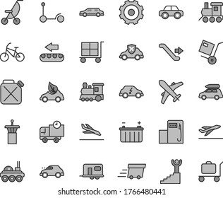 Thin line gray tint vector icon set - truck lorry vector, cargo trolley, summer stroller, motor vehicle, baby toy train, Kick scooter, delivery, shipment, modern gas station, battery, canister, bike