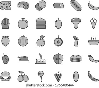 Thin line gray tint vector icon set - cake vector, sausage, piece of cheese, Hot Dog, big burger, mushroom, slice, porridge, Chupa Chups, fried potato slices, cone, biscuit, pancakes, peach, cornels