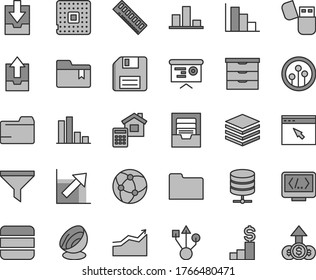 Thin line gray tint vector icon set - floppy disk vector, folder, growth chart, positive histogram, archive, upload data, download, bookmark, storage unit, estimate, pile, big server, processor, bar