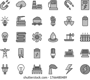 Thin line gray tint vector icon set - lightning vector, matte light bulb, saving, dangers, heating coil, radiator, electronic boiler, storm cloud, marine propeller, charge level, charging battery