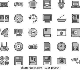 Thin line gray tint vector icon set - camera vector, laptop, monitor window, archive, e, math actions, plug, processor, satellite dish, SIM card, wall watch, computer, motherboard, cpu, gpu, router