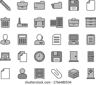 Thin line gray tint vector icon set - laptop vector, briefcase, graphite pencil, clean sheet of paper, folder, calculator, storage unit, ntrance door, interroom, city block, employee, dust bin, case