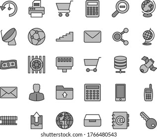 Thin line gray tint vector icon set - zoom out vector, upload archive data, folder, smartphone, big server, address book, drawer, cart, satellite dish, connections, woman, planet, mobile phone, mail