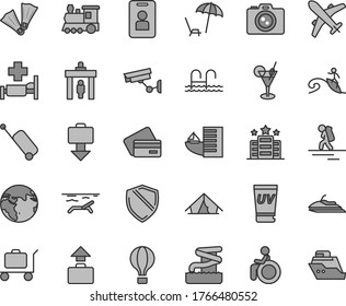 Thin line gray tint vector icon set - earth vector, train, air balloon, backpacker, security gate, plane, rolling case, baggage, getting, credit card, hotel, tent, beach, arnchair under umbrella