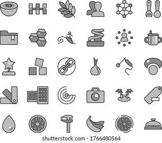 Thin line gray tint vector icon set - spectacles vector, women, remove label, folder bookmark, mug for feeding, plastic fork spoons, cubes children, color samples, city block, ceramic tiles, camera