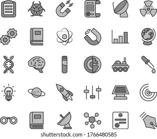 Thin line gray tint vector icon set - horseshoe magnet vector, satellite dish, rocket, research article, test tube, molecule, atom, glasses, nuclear, dna, bulb, brain, gears, settings, book, pipette