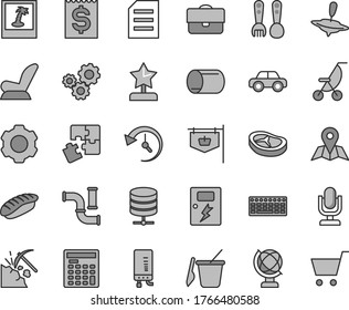 Thin line gray tint vector icon set - desktop microphone vector, car child seat, summer stroller, motor vehicle, children's sand set, plastic fork spoons, small yule, Puzzles, dangers, map, globe