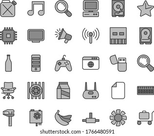 Thin line gray tint vector icon set - star vector, package, bananas, canister, calipers, Glass bottle, magnifier, loudspeaker, computer, fan, radiator, keyboard, pc power supply, tower, cpu, monitor