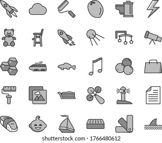 Thin line gray tint vector icon set - paint roller vector, lightning, scribbled paper, camera roll, toys over the cot, baby rattle, a chair for feeding child, teddy bear, funny hairdo, new, brick