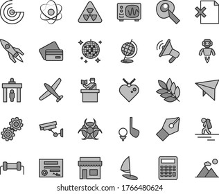 Thin line gray tint vector icon set - delete page vector, atom, nuclear, gears, biohazard, globe, oscilloscope, calculator, artifical insimination, radar, robot, rocket, biology, patente, ink pen