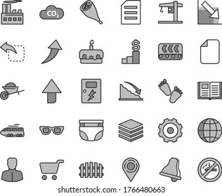 Thin line gray tint vector icon set - truck lorry vector, bell, upward direction, negative chart, nappy, children's tracks, crane, garden trolley, dangers, fence, book, earth, pile, move left, torte