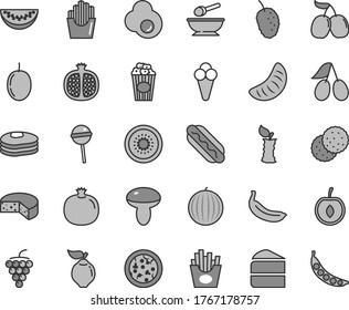 Thin line gray tint vector icon set - deep plate with a spoon vector, cheese, pizza, Hot Dog, mushroom, piece of cake, Chupa Chups, French fries, fried potato slices, cup popcorn, cone, egg, biscuit