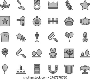 Thin line gray tint vector icon set - teddy bear vector, colored air balloons, balloon, cake, building trowel, new roller, paint, door knob, interroom, ceramic tiles, star, Easter, muffin, lollipop