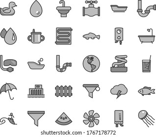 Thin line gray tint vector icon set - mug for feeding vector, rubber duck, children's bathroom, bath, washbasin, siphon, sewerage, heating coil, new radiator, boiler, electronic, drop, umbrella