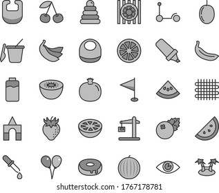 Thin line gray tint vector icon set - pennant vector, bib, baby, stacking rings, children's sand set, box of bricks, colored air balloons, Kick scooter, eye, cake with a hole, blueberries, cherry