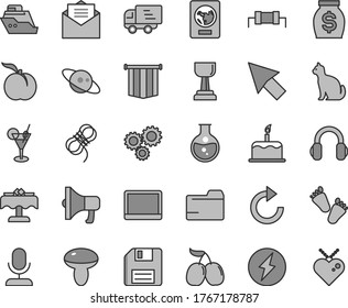 Thin line gray tint vector icon set - floppy disk vector, folder, clockwise, children's tracks, hawser, received letter, cake, megaphone, mushroom, ripe peach, tasty cornels, round flask, money