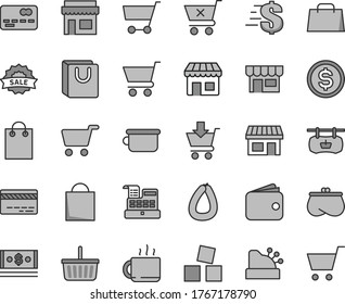 Thin line gray tint vector icon set - paper bag vector, grocery basket, bank card, dollar, children's potty, cubes for children, cart, put in, crossed, with handles, kiosk, stick of sausage, cup tea