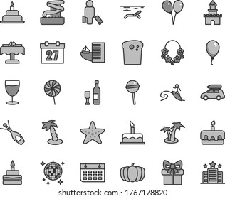 Thin line gray tint vector icon set - daily calendar vector, colored air balloons, balloon, cake, birthday, Easter, torte, Chupa Chups, lollipop, glass, pumpkin, wall, gift, sand castle, wine, hotel
