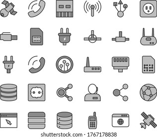 Thin line gray tint vector icon set - power socket type b vector, f, big data, phone call, plug, electric, SIM card, connection, connections, dispatcher, mobile, usb, router, network, browser