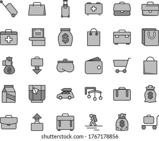 Thin line gray tint vector icon set - briefcase vector, paper bag, first aid kit, toys over the cot, of a paramedic, suitcase, case, with handles, package, glass tea, cart, wallet, purse, money