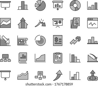 Thin line gray tint vector icon set - growth up vector, pie chart, bar, line, graph, negative, histogram, positive, cardiogram, recession, a crisis, statistical report, scheme, hierarchical, charts