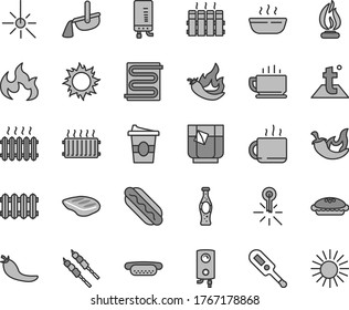 Thin line gray tint vector icon set - electronic thermometer vector e, heating coil, temperature, radiator, new, boiler, coffee, Hot Dog, mini, pie, porridge, chop, barbecue, chili, cup of tea, sun