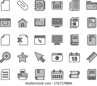 Juego de iconos de vectores de tonos grises de línea delgada - monitor de ventana vector, marcador, hoja de papel limpia, zoom, carpeta, libro, e, libros, home, calendario, star, dirección, borrar página, clip, informe estadístico, pared