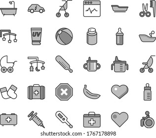 Thin line gray tint vector icon set - heart symbol vector, mark of injury, first aid kit, toys over the cradle, cot, mug for feeding, measuring cup, bottle, powder, baby stroller, summer, sitting