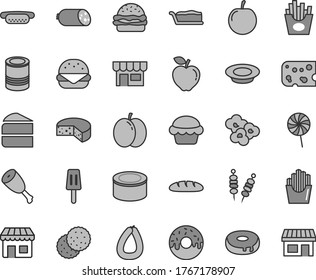 Thin line gray tint vector icon set - kiosk vector, sausage, stick of, piece cheese, loaf, canned goods, tin, fried vegetables on sticks, mini hot dog, big burger, cake, slice, with a hole, glazed