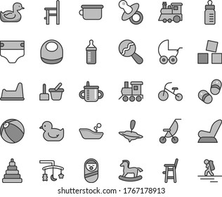 Thin line gray tint vector icon set - toys over the cradle vector, dummy, mug for feeding, bottle, measuring, diaper, baby bib, beanbag, car child seat, stroller, summer, rubber duck, duckling, a