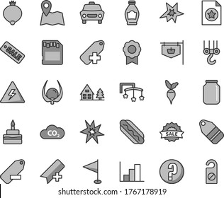 Thin line gray tint vector icon set - danger of electricity vector, add bookmark, label, remove, pennant, negative histogram, question, toys over the cot, winch hook, car, Hot Dog, birthday cake