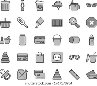 Graue dünne Linie, Vektorsymbol-Set - bin Vektorsymbol, Verletzungsmarke, Maßstab, Lebensmittelkorb, Bankkarte, Brustkorb, Messbecher für Fütterung, Flasche, Babypulver, Beutelbeutel, elektronisches Thermometer e, Spielzeug