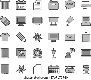 Thin line gray tint vector icon set - monitor vector, window, calendar, paper bag, clean sheet of, scribbled, minus, baby powder, envelope, picture, folder, T shirt, label, billboard, pencil, speech