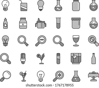 Thin line gray tint vector icon set - matte light bulb vector, incandescent lamp, zoom, out, measuring cup for feeding, e, magnifier, a glass of tea, cocktail, jam, jar, liquor, round flask, mercury