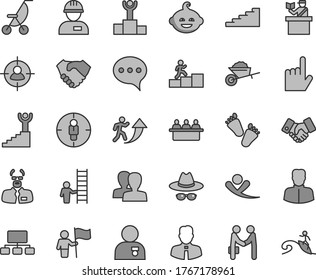Thin line gray tint vector icon set - women vector, hat with glasses, summer stroller, funny hairdo, children's tracks, workman, garden trolley, employee, index finger, speech, court hearing, woman
