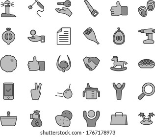 Thin line gray tint vector icon set - scribbled paper vector, magnifier, measuring cup for feeding, small rocking horse, shoes little children, drill, arm saw, core, thumb up, apple pie, cabbage