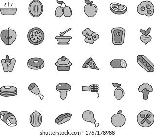 Thin line gray tint vector icon set - plates and spoons vector, sausage, pizza, piece of, Hot Dog, noodles, mushroom, muffin, cake with a hole, porridge, chicken leg, thigh, bacon, peper, sushi