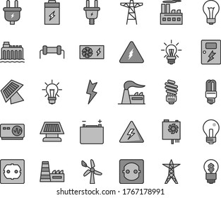 Thin line gray tint vector icon set - danger of electricity vector, matte light bulb, incandescent lamp, saving, power socket type f, lightning, dangers, charging battery, wind energy, factory, line